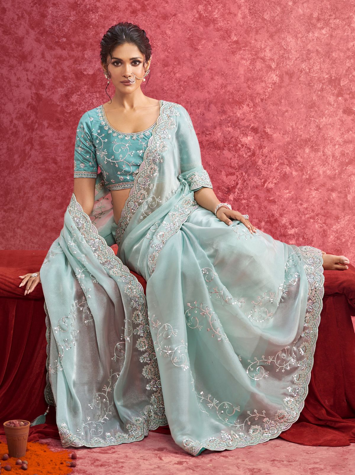 Tiffany Blue Premium Fancy Saree With Sequin Work