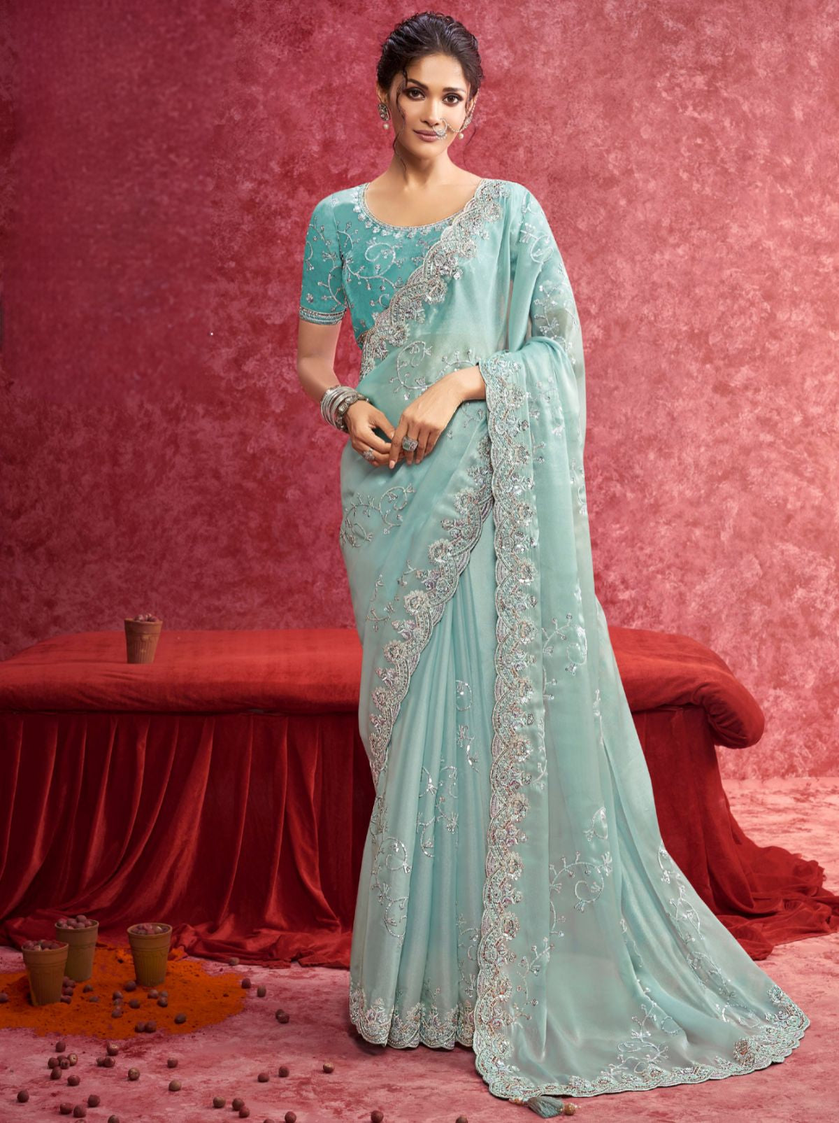 Tiffany Blue Premium Fancy Saree With Sequin Work