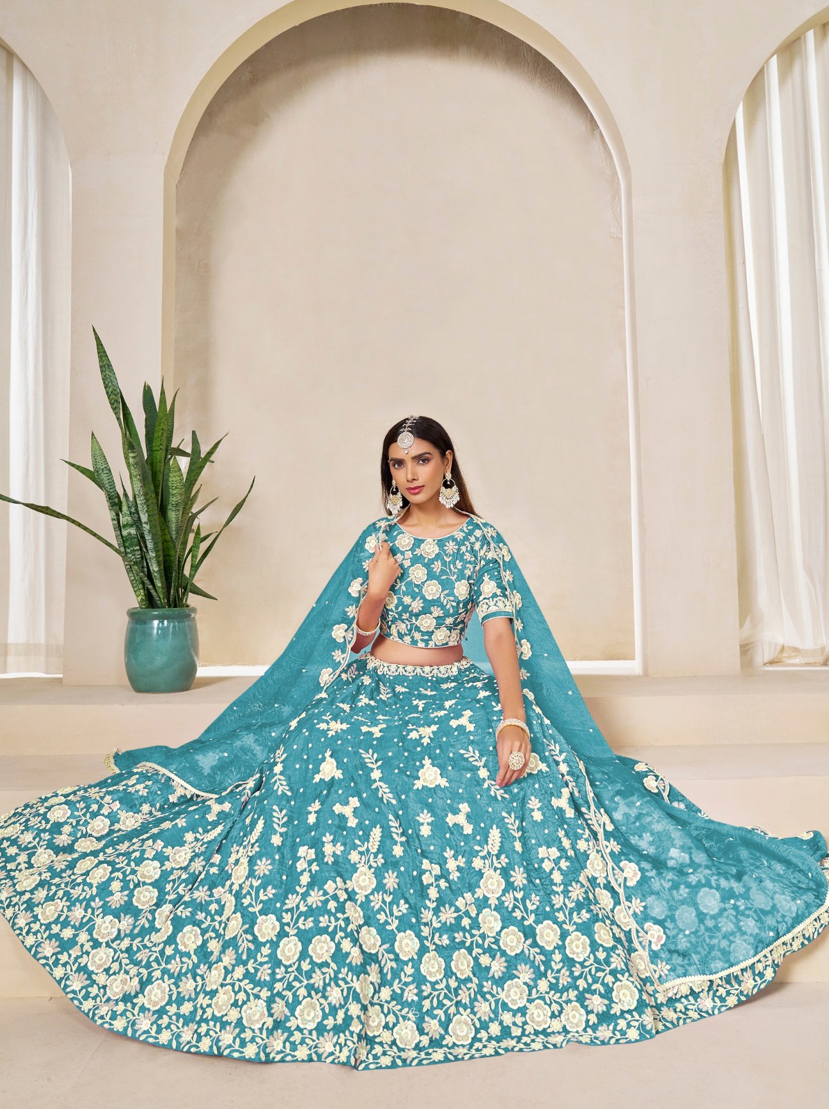 Olympic Blue Premium Festive Lehenga Set With Sequin And Zari Work - TrendOye