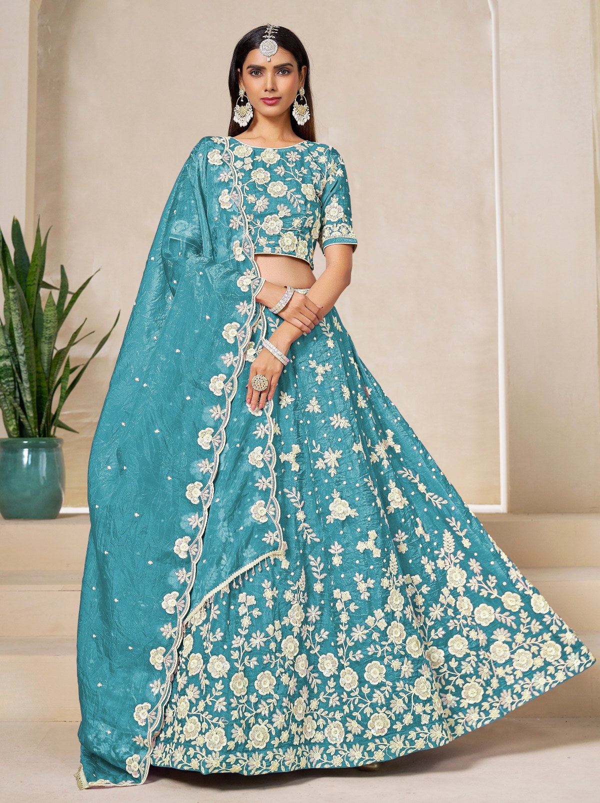 Olympic Blue Premium Festive Lehenga Set With Sequin And Zari Work - TrendOye