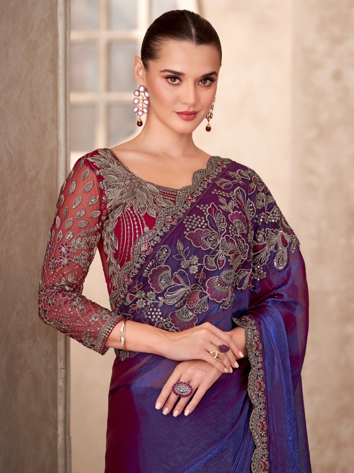 Space Blue Premium Georgette Saree With Blouse Piece
