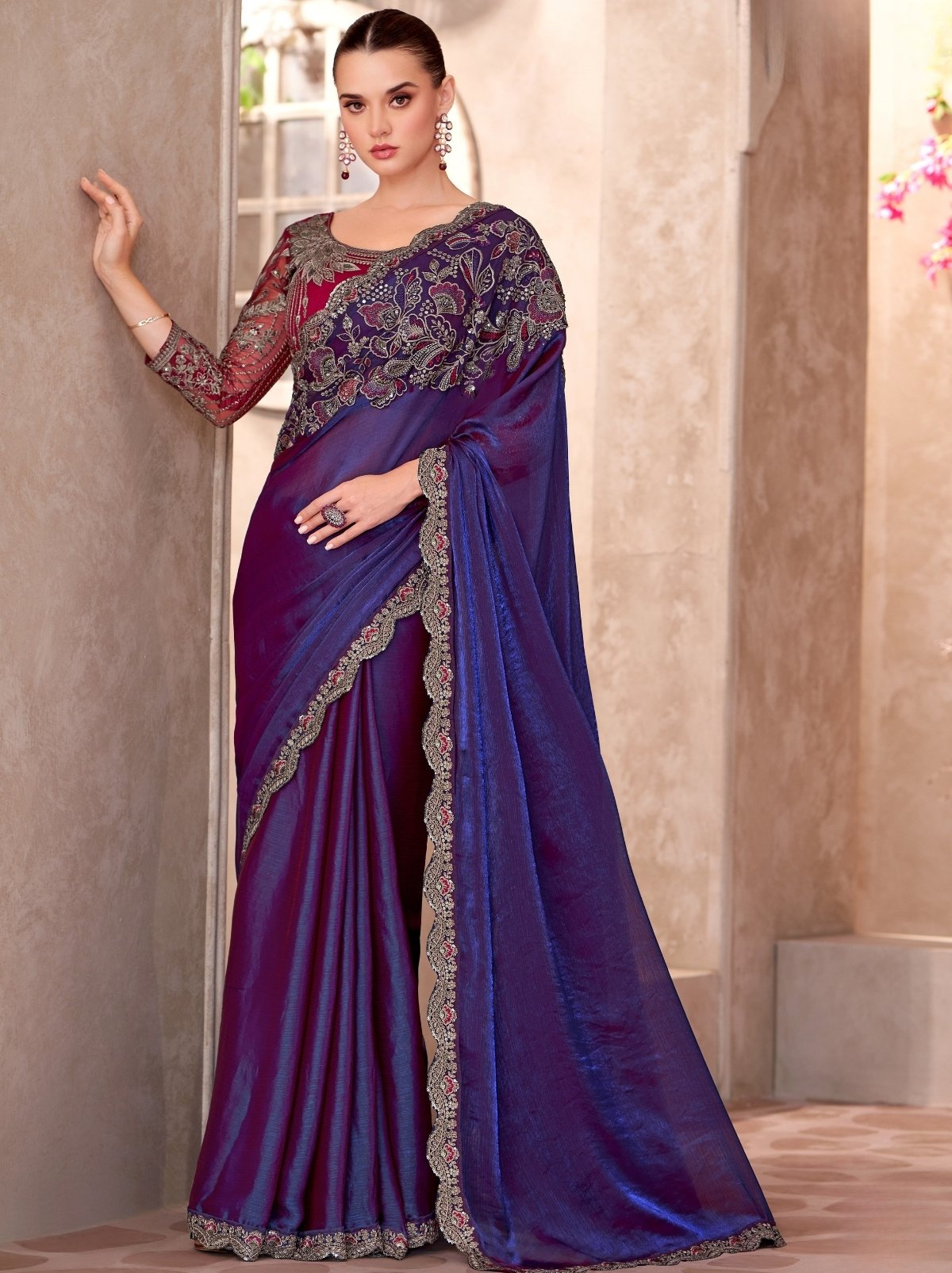 Space Blue Premium Georgette Saree With Blouse Piece