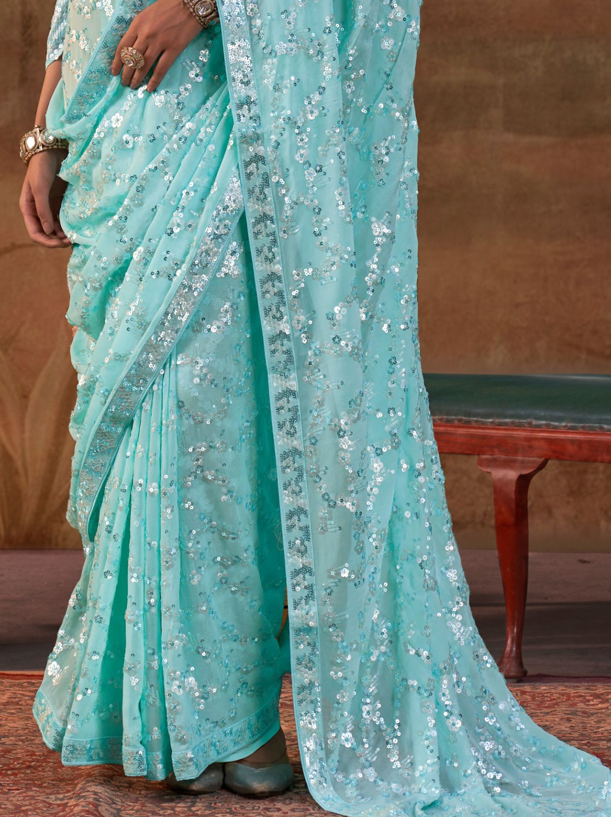 Aqua Blue Premium Georgette Silk Saree Sequin & Thread Work