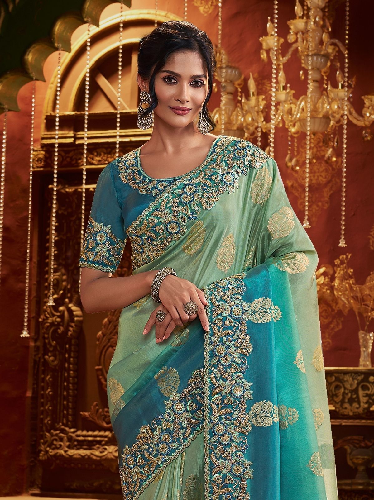 Blue Ombre Premium Heavy Work Bridal Saree With Rich Border Design