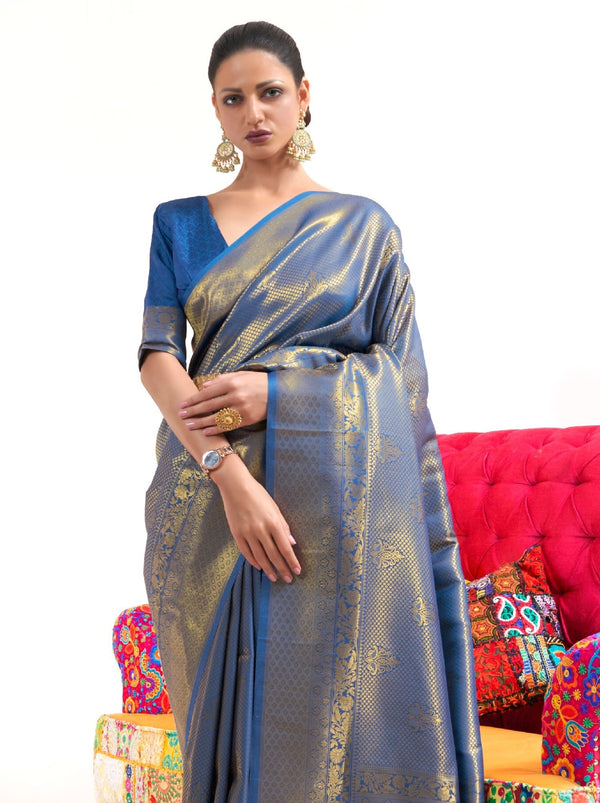 Yale Blue Premium Kanjeevaram Silk Wedding Saree