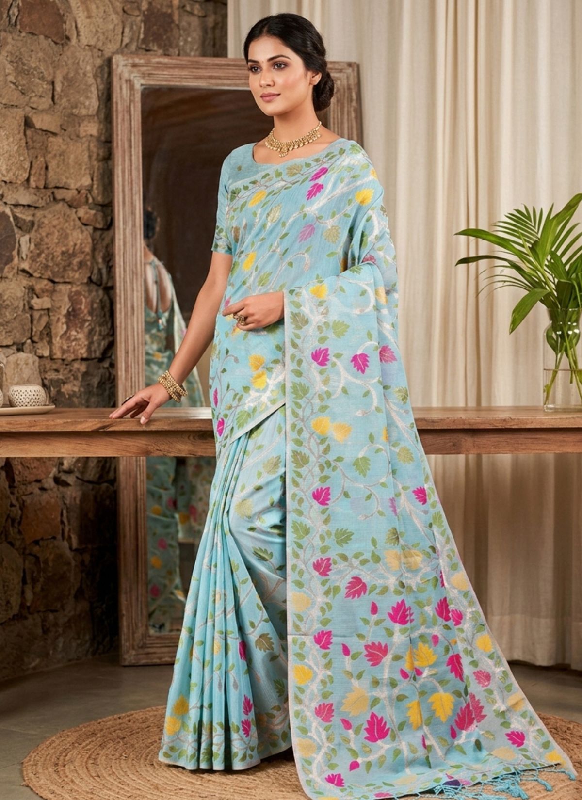 Sky Blue Premium Linen Cotton Saree With Floral Pattern - TrendOye