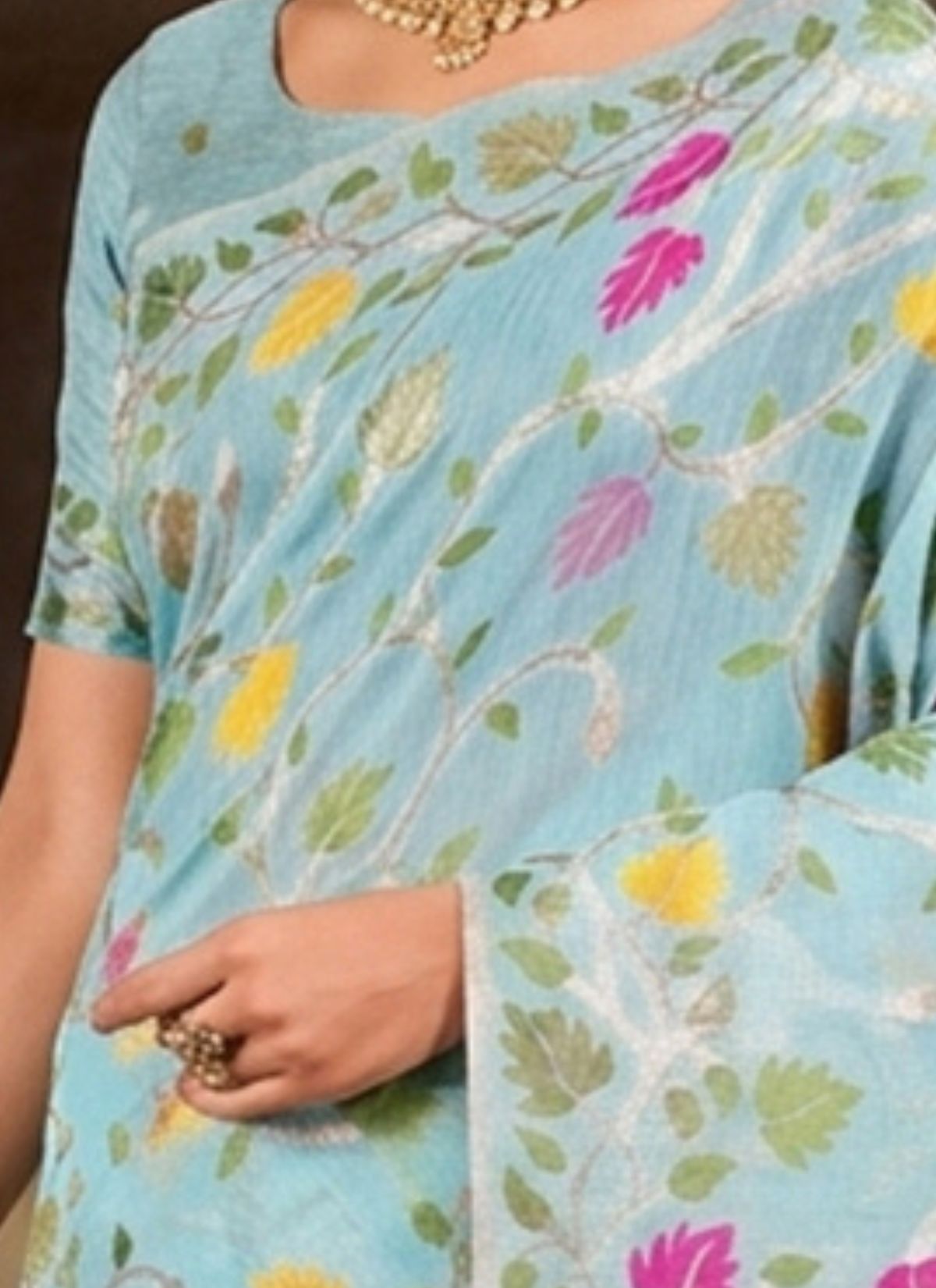 Sky Blue Premium Linen Cotton Saree With Floral Pattern - TrendOye