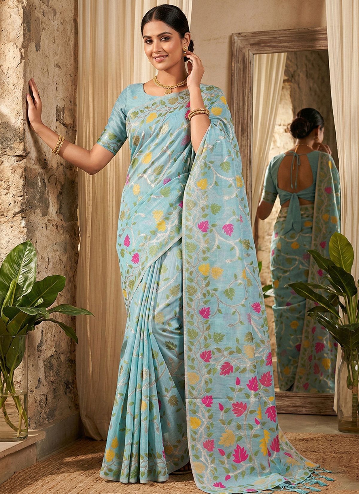 Sky Blue Premium Linen Cotton Saree With Floral Pattern - TrendOye
