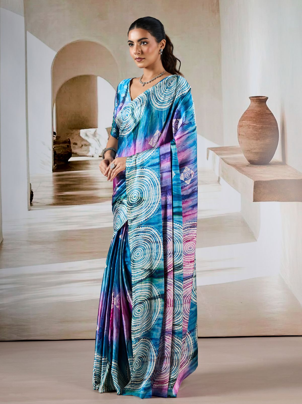 Azure Blue Premium Modal Satin Silk Saree - TrendOye