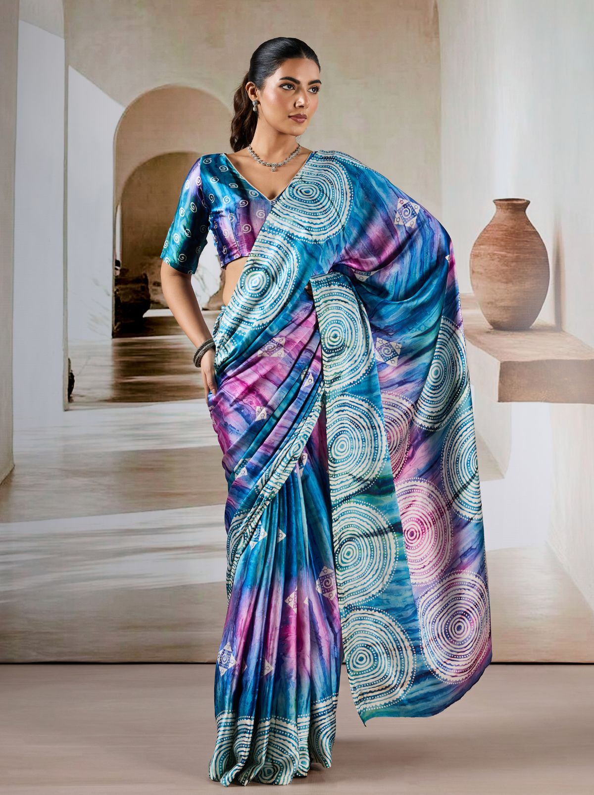 Azure Blue Premium Modal Satin Silk Saree - TrendOye