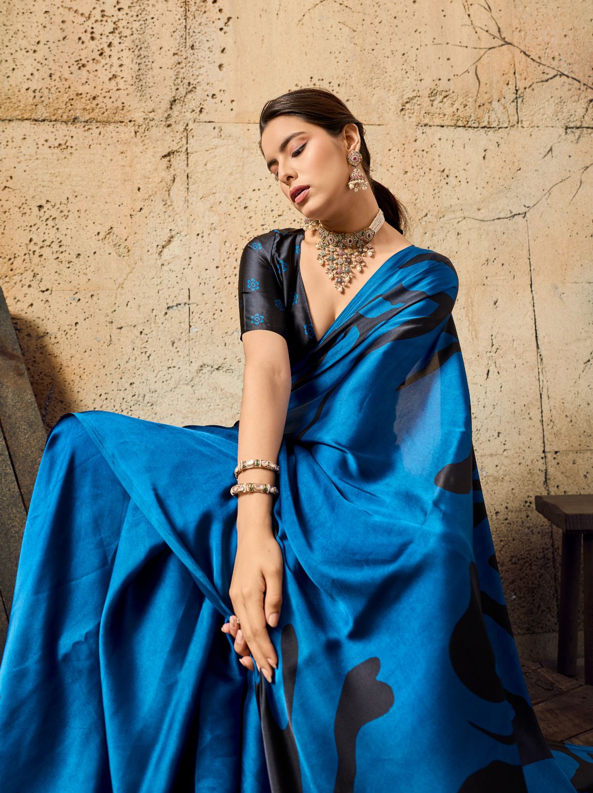 Royal Blue Premium Modal Satin Silk Saree With Blouse Piece