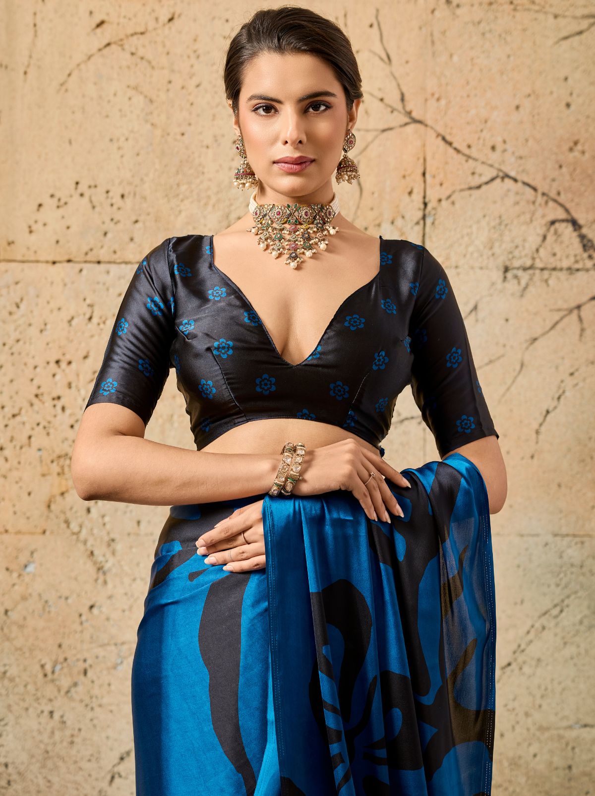Royal Blue Premium Modal Satin Silk Saree With Blouse Piece