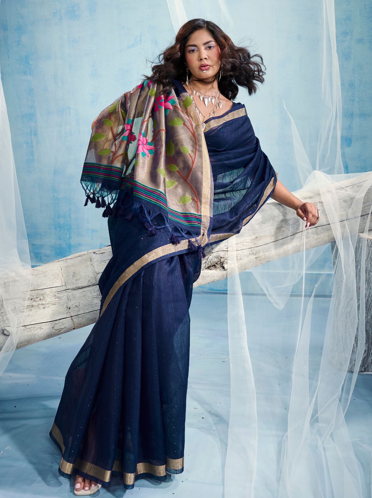 Deep Blue Premium Munga Silk Ethnic Saree With Tassels