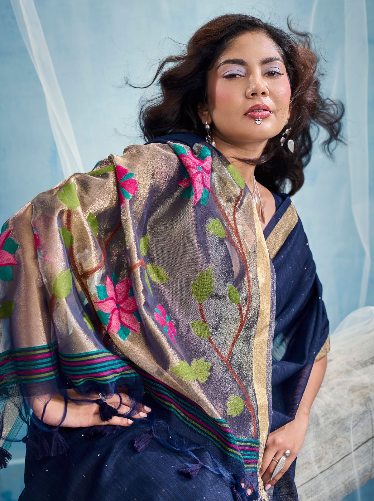 Deep Blue Premium Munga Silk Ethnic Saree With Tassels