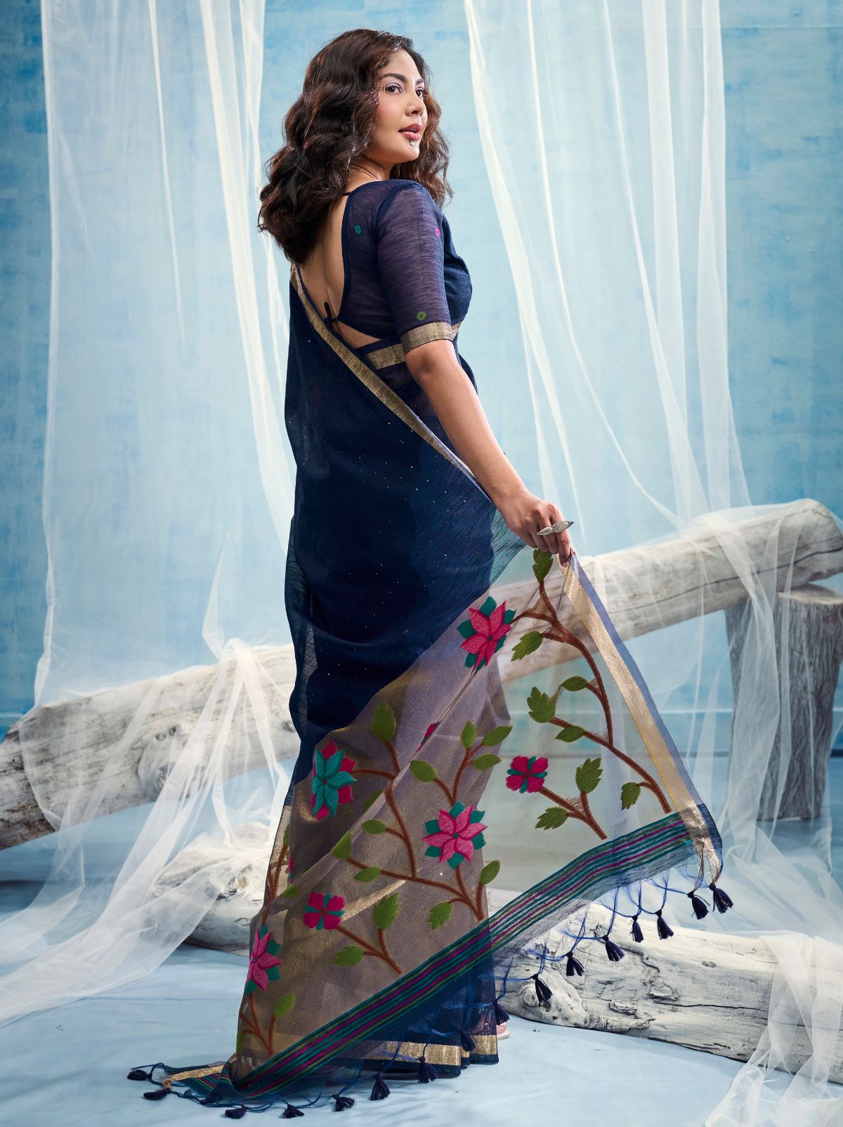 Deep Blue Premium Munga Silk Ethnic Saree With Tassels