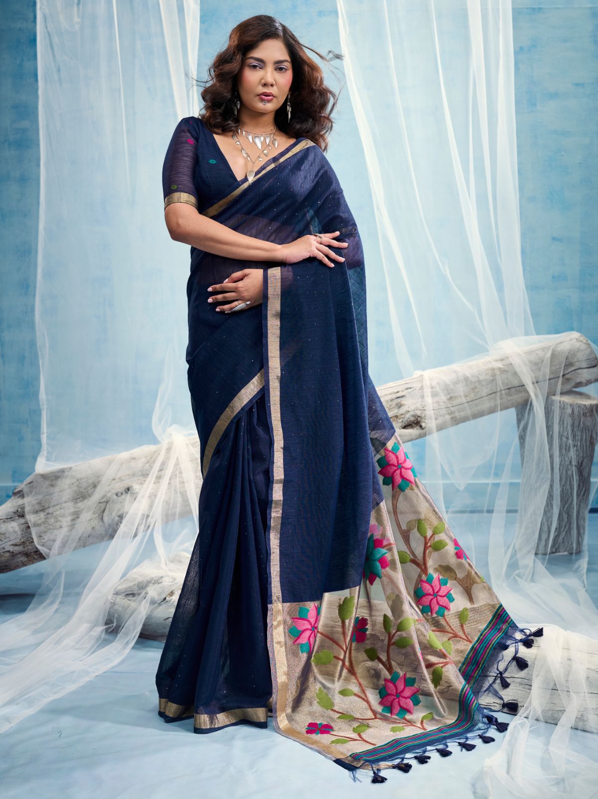 Deep Blue Premium Munga Silk Ethnic Saree With Tassels