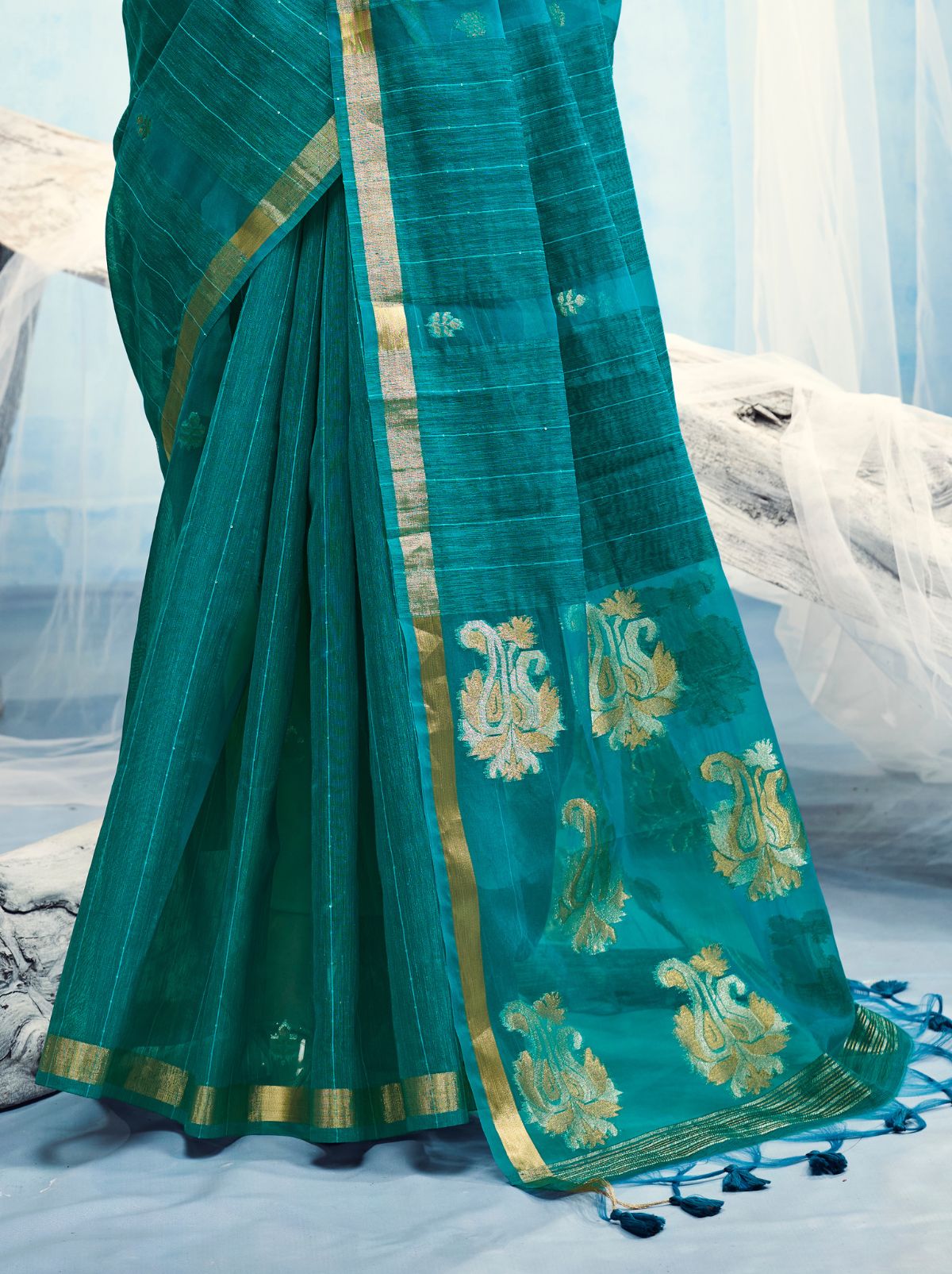 Teal Blue Premium Munga Silk Ethnic Saree With Tassels
