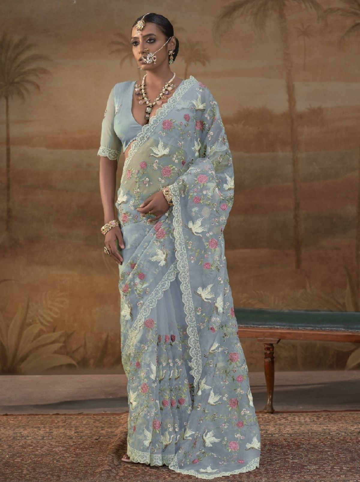Baby Blue Premium Organza Silk Saree with Floral Embroidery