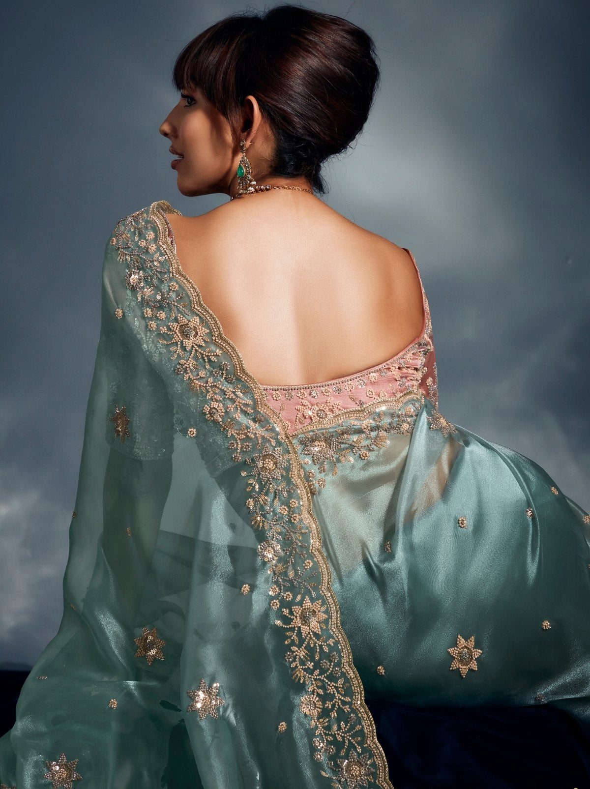 Baby Blue Tissue Organza Wedding Saree With Blouse Piece