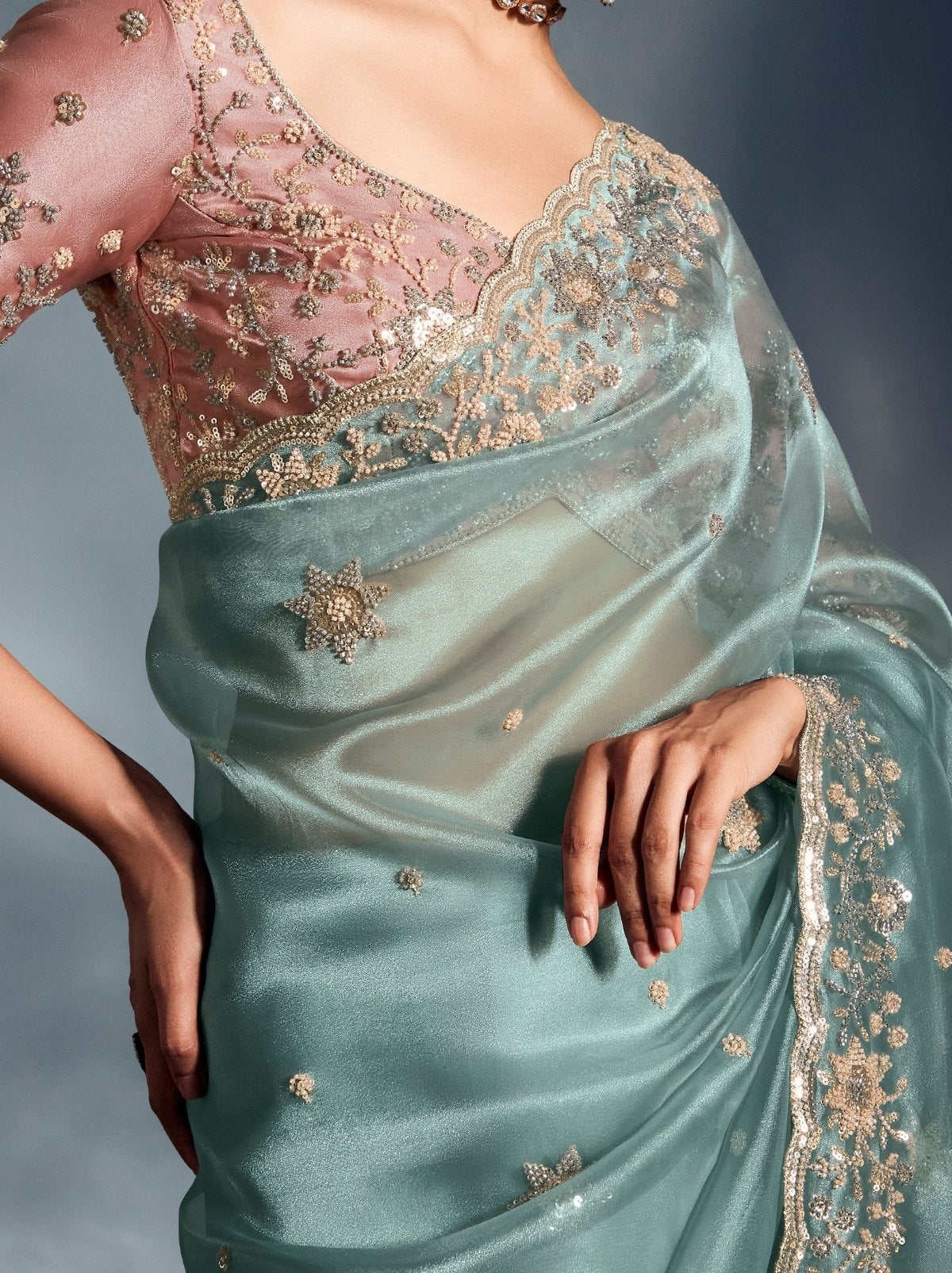 Baby Blue Tissue Organza Wedding Saree With Blouse Piece