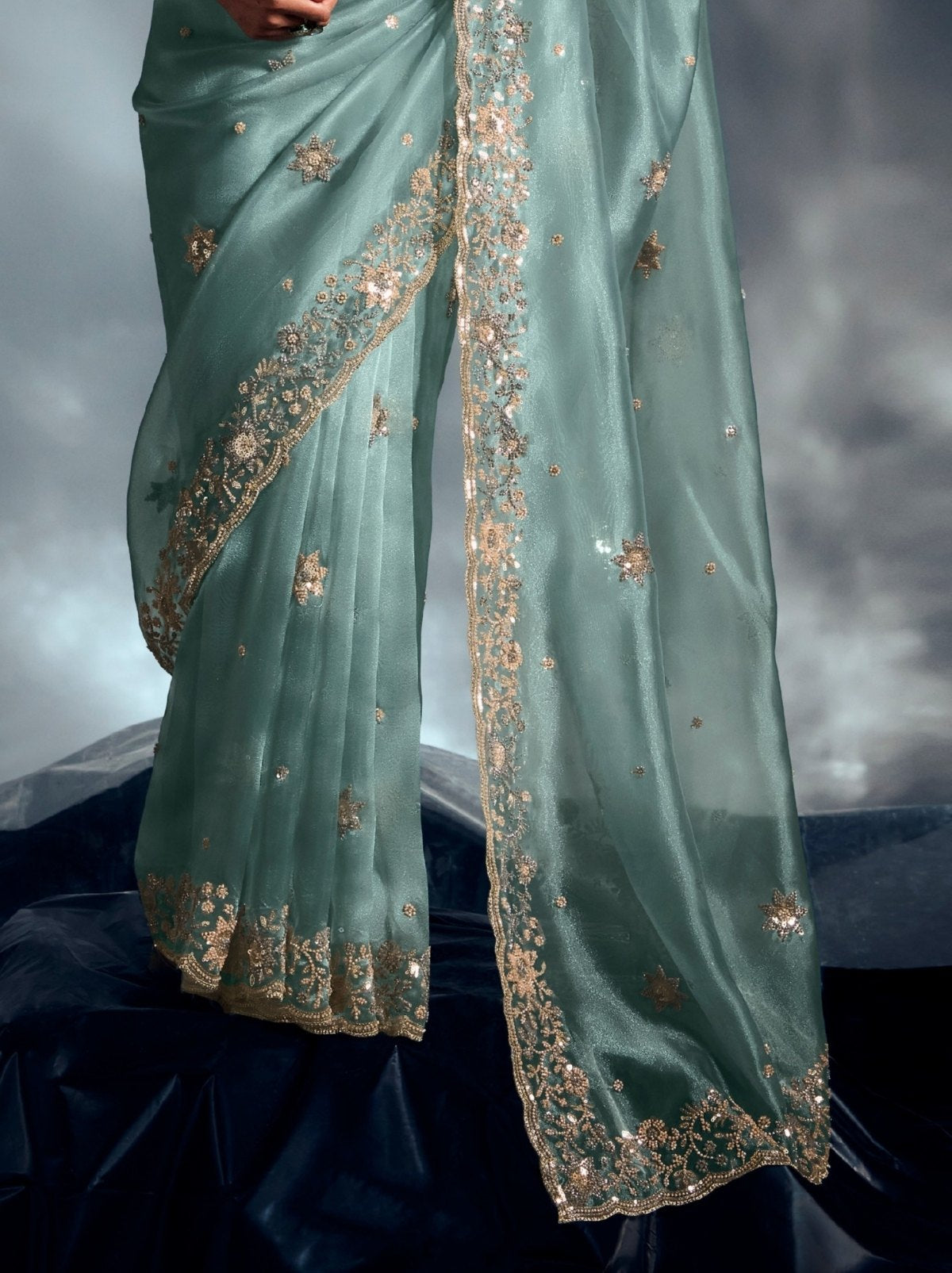 Baby Blue Tissue Organza Wedding Saree With Blouse Piece