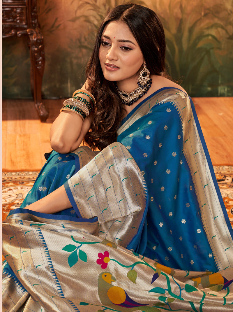 Sapphire Blue Gorgeous Paithani Silk Wedding Saree