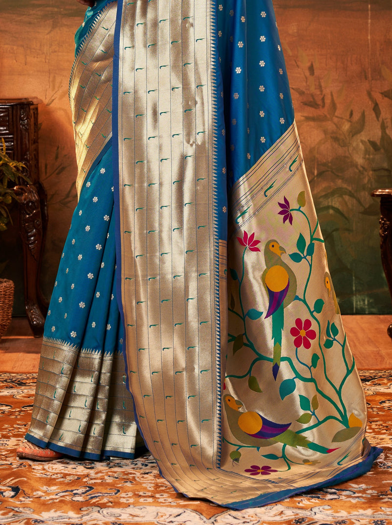 Sapphire Blue Gorgeous Paithani Silk Wedding Saree