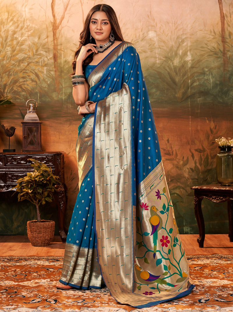 Sapphire Blue Gorgeous Paithani Silk Wedding Saree