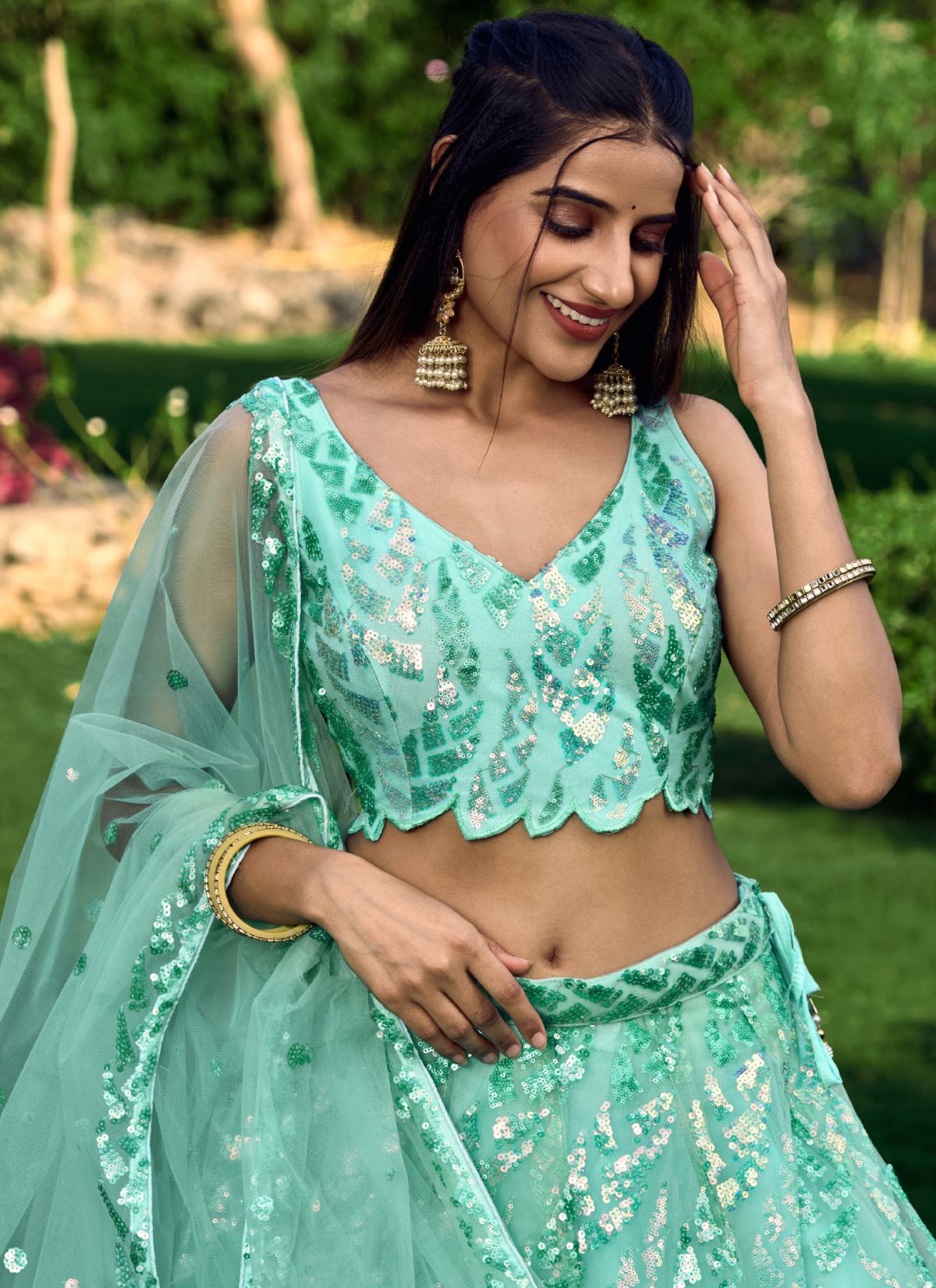Turquoise Blue Premium Party Lehenga Set With Sequin Work - TrendOye