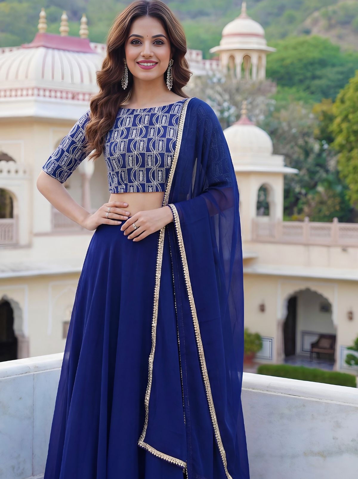 Azure Blue Premium Party Lehenga Set With Sequin Work