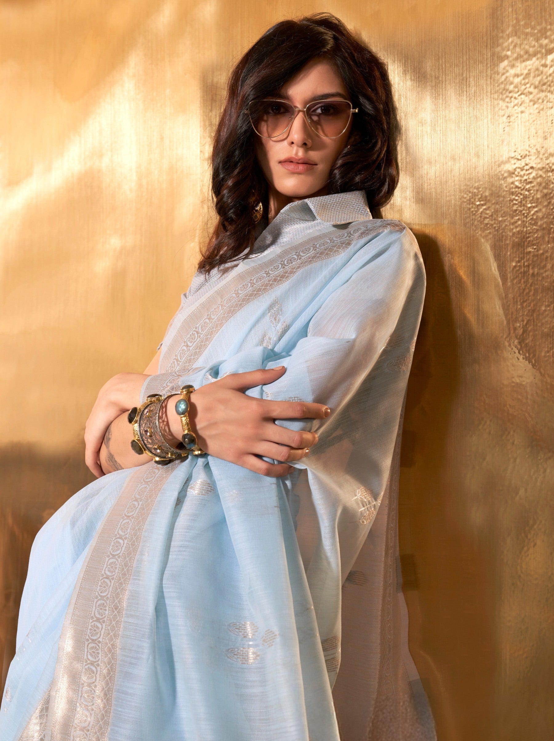 Sky Blue Designer Linen Silk Saree With Blouse Piece