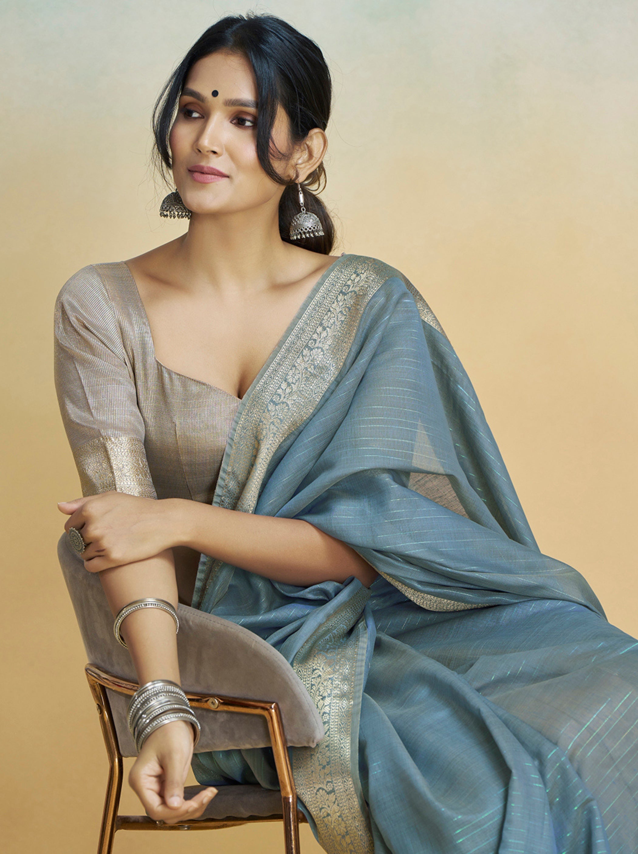Air Force Blue Handloom Silk Saree With Blouse Piece