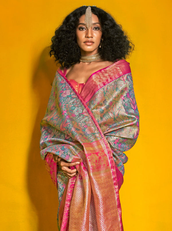 Steel Blue Premium Soft Silk Floral Pattern Saree With Blouse Piece