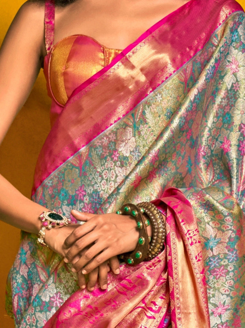 Steel Blue Premium Soft Silk Floral Pattern Saree With Blouse Piece