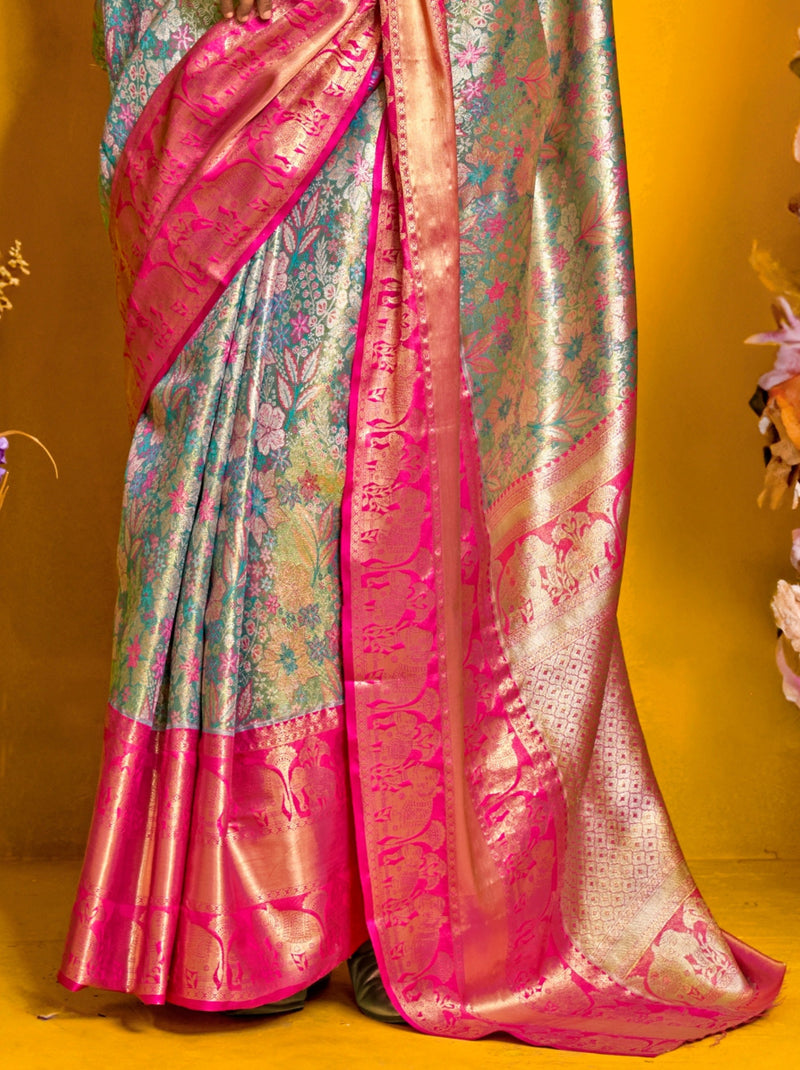 Steel Blue Premium Soft Silk Floral Pattern Saree With Blouse Piece