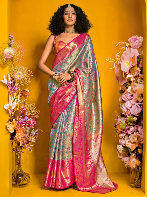 Steel Blue Premium Soft Silk Floral Pattern Saree With Blouse Piece