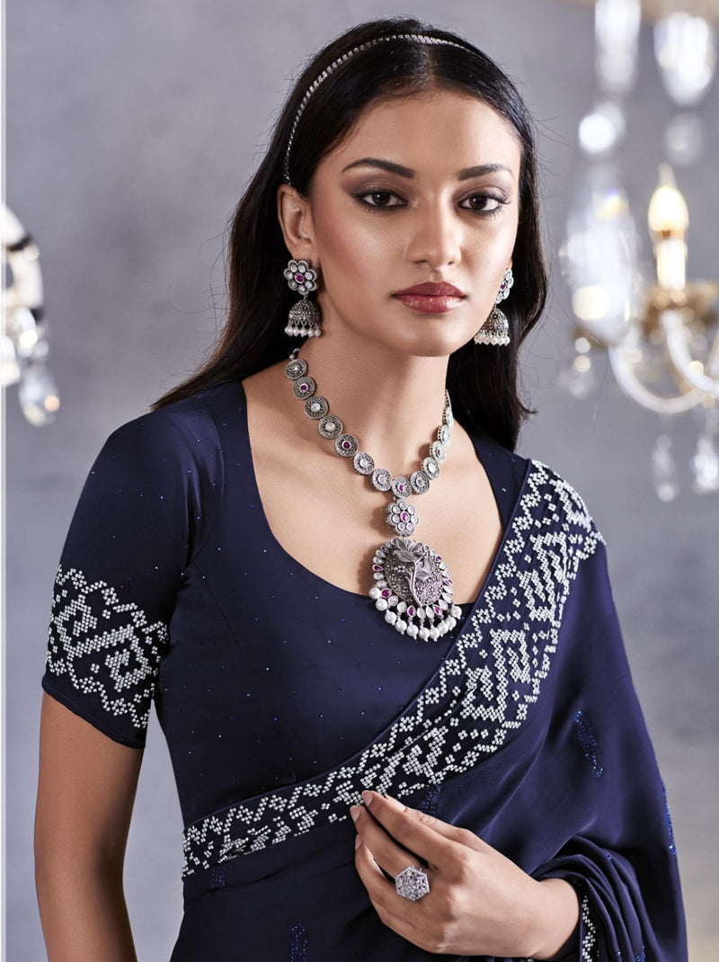 Find Denim Blue Soft Blender silk Weaving Silver Zari Saree with Blouse by  Prevony.com near me | Bombay Market, Surat, Gujarat | Anar B2B Business App