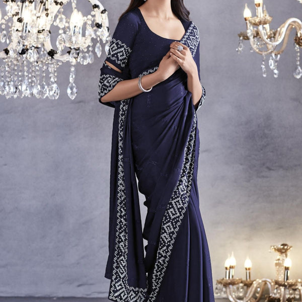 Blue Printed Saree In Satin 5679SR05