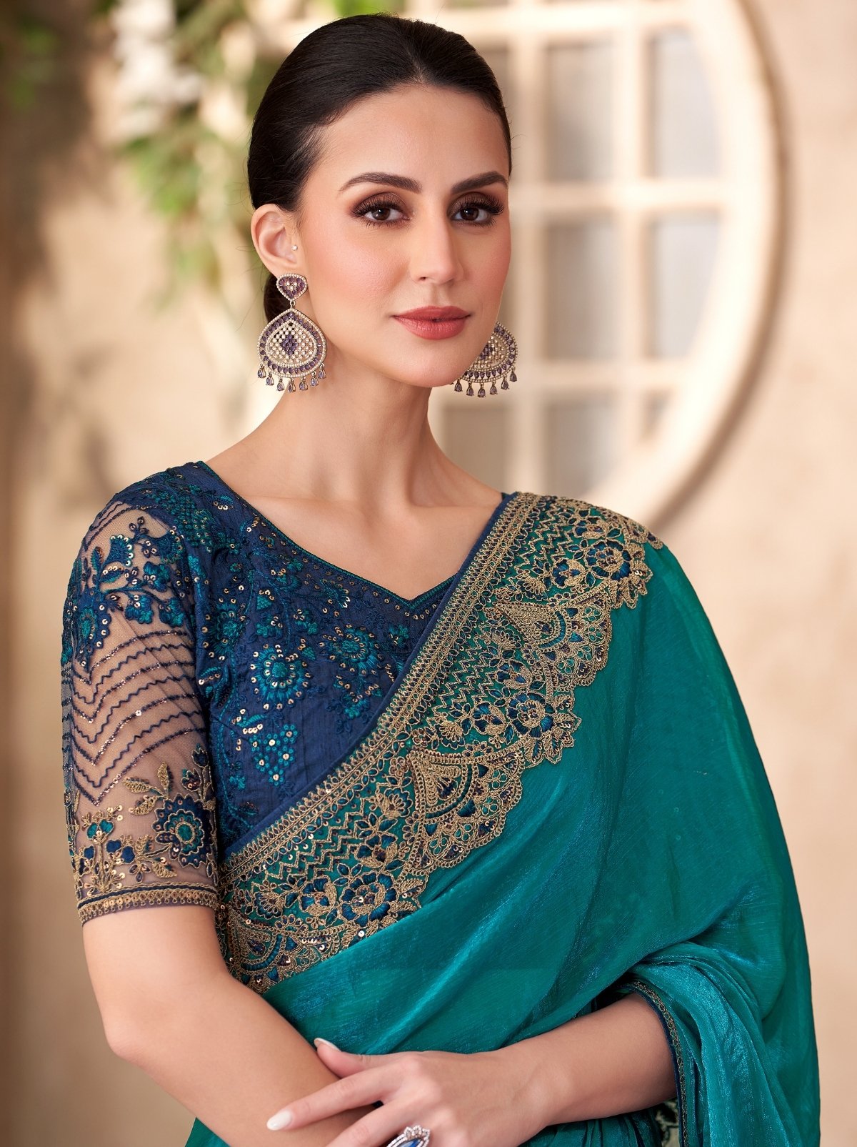 Teal Blue Premium Satin Georgette Saree With Blouse Piece