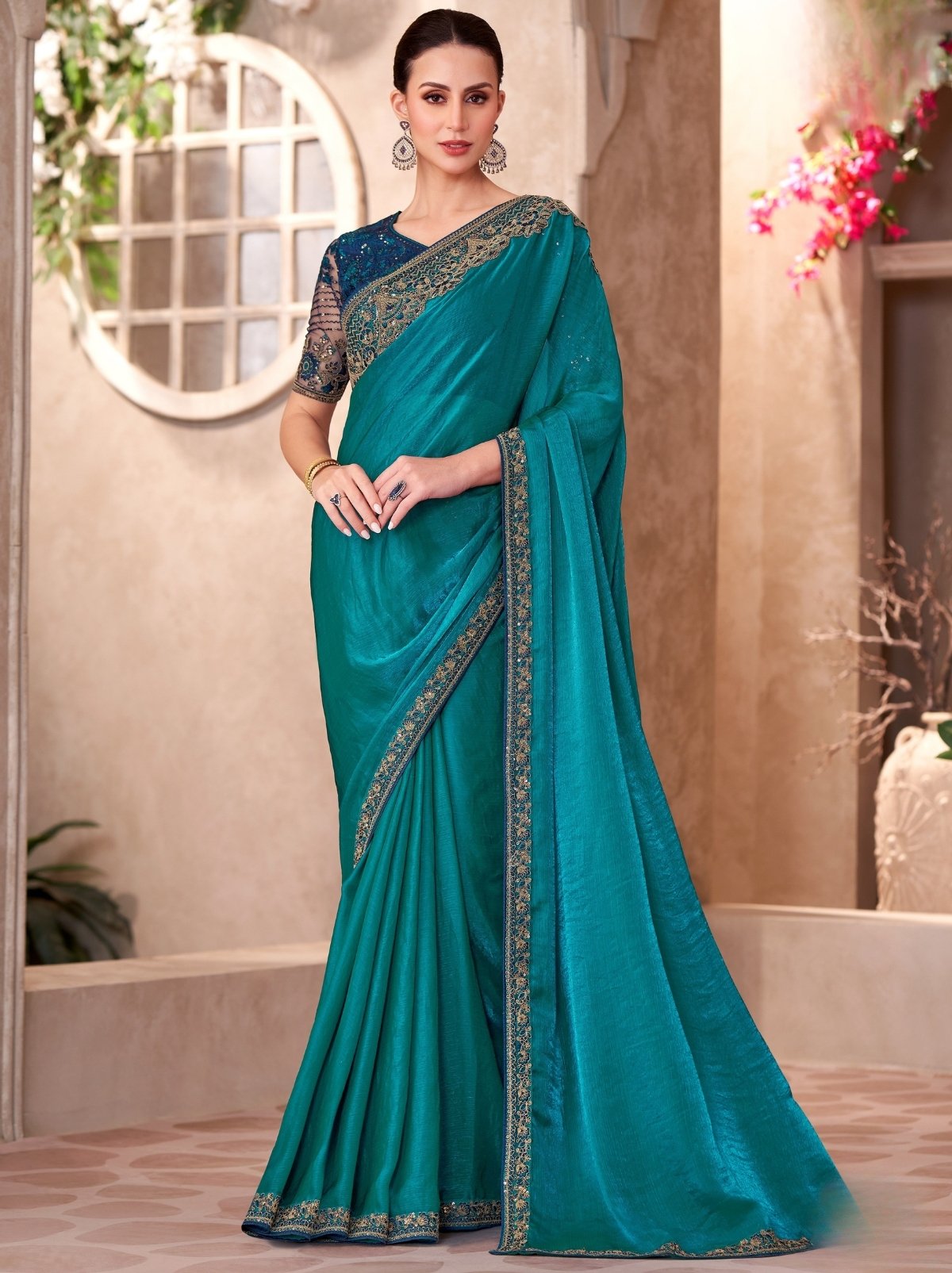 Teal Blue Premium Satin Georgette Saree With Blouse Piece
