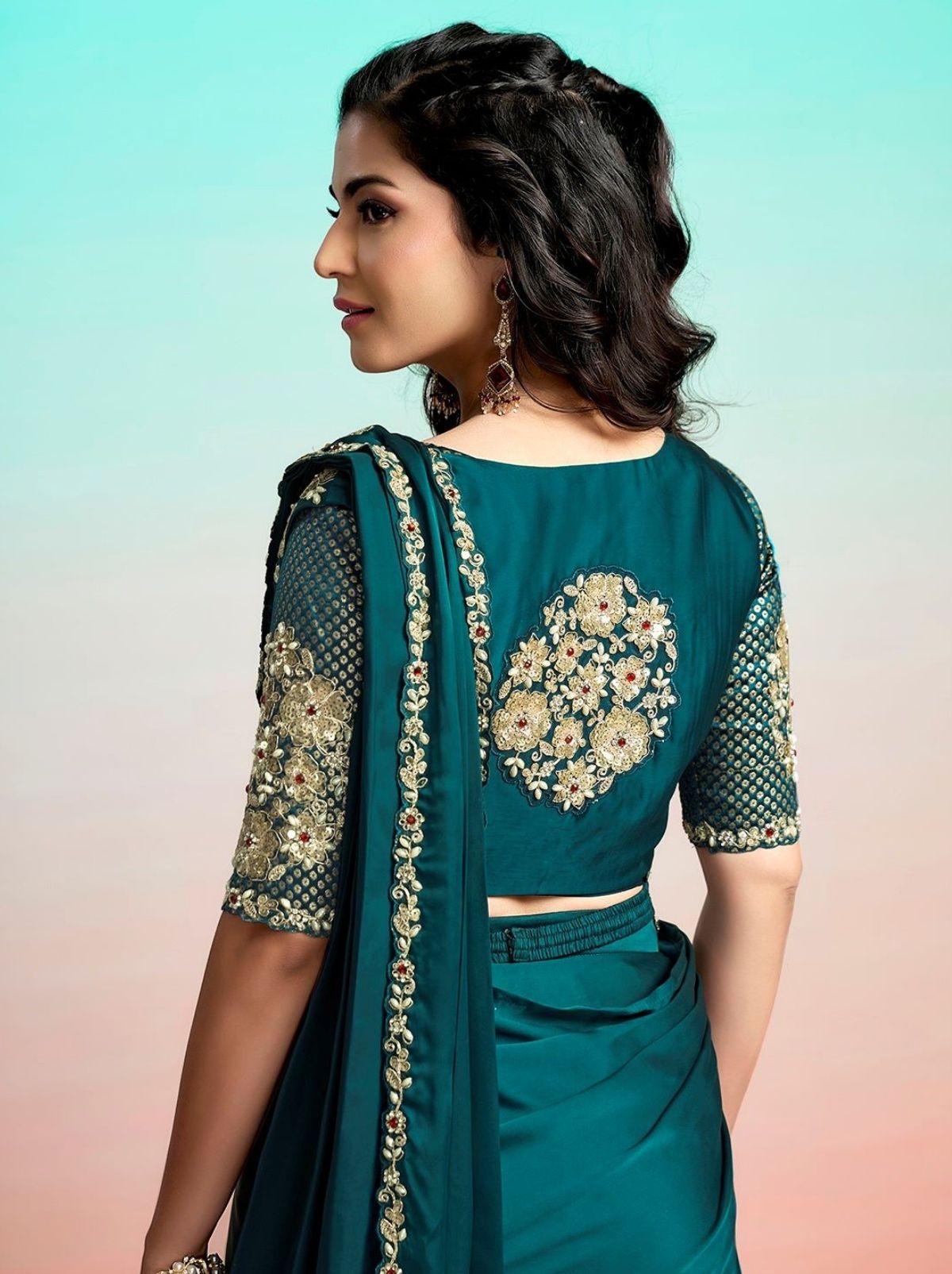 Teal Blue Premium Satin Silk Ready to Wear Saree with Belt