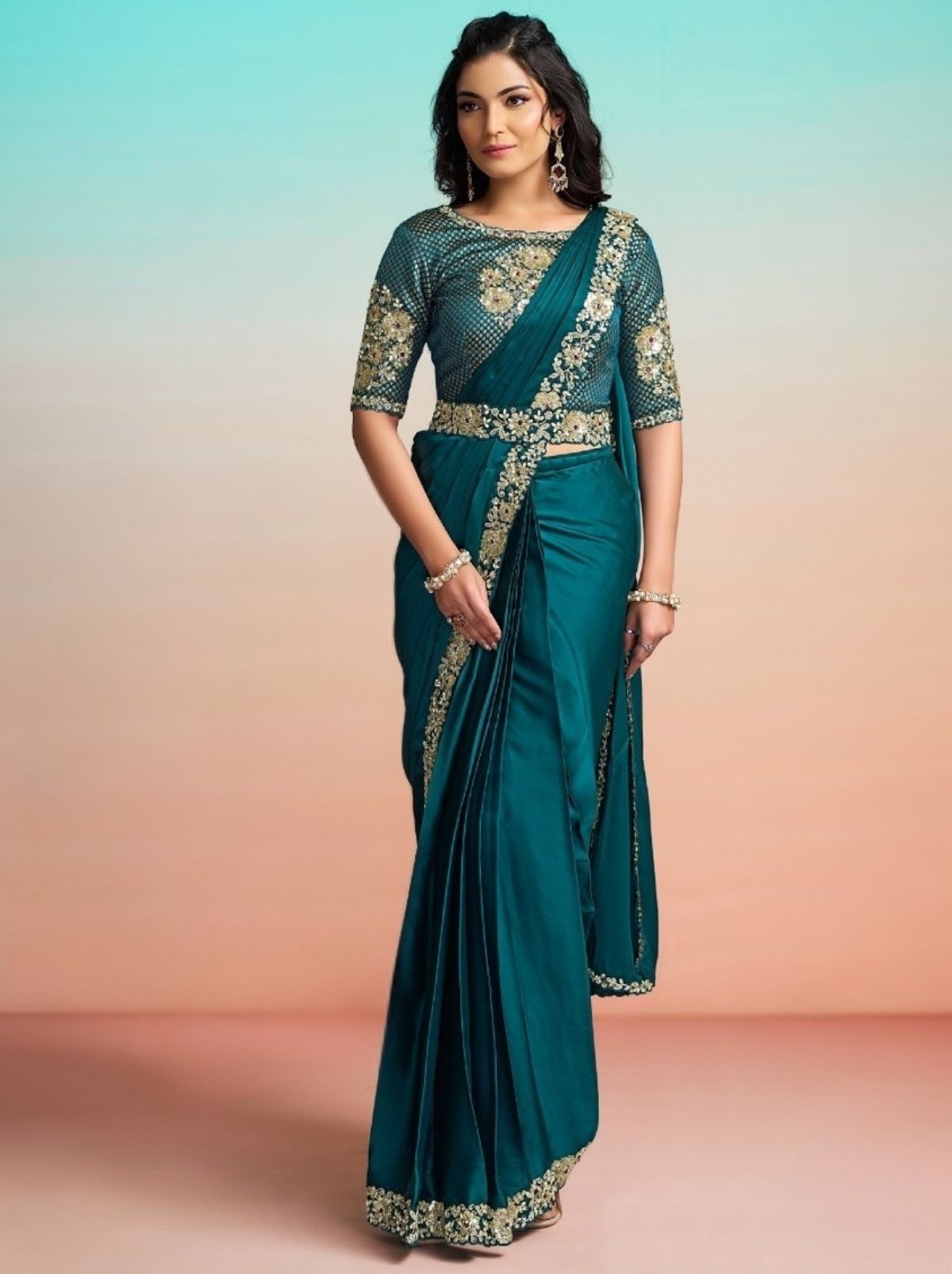 Teal Blue Premium Satin Silk Ready to Wear Saree with Belt