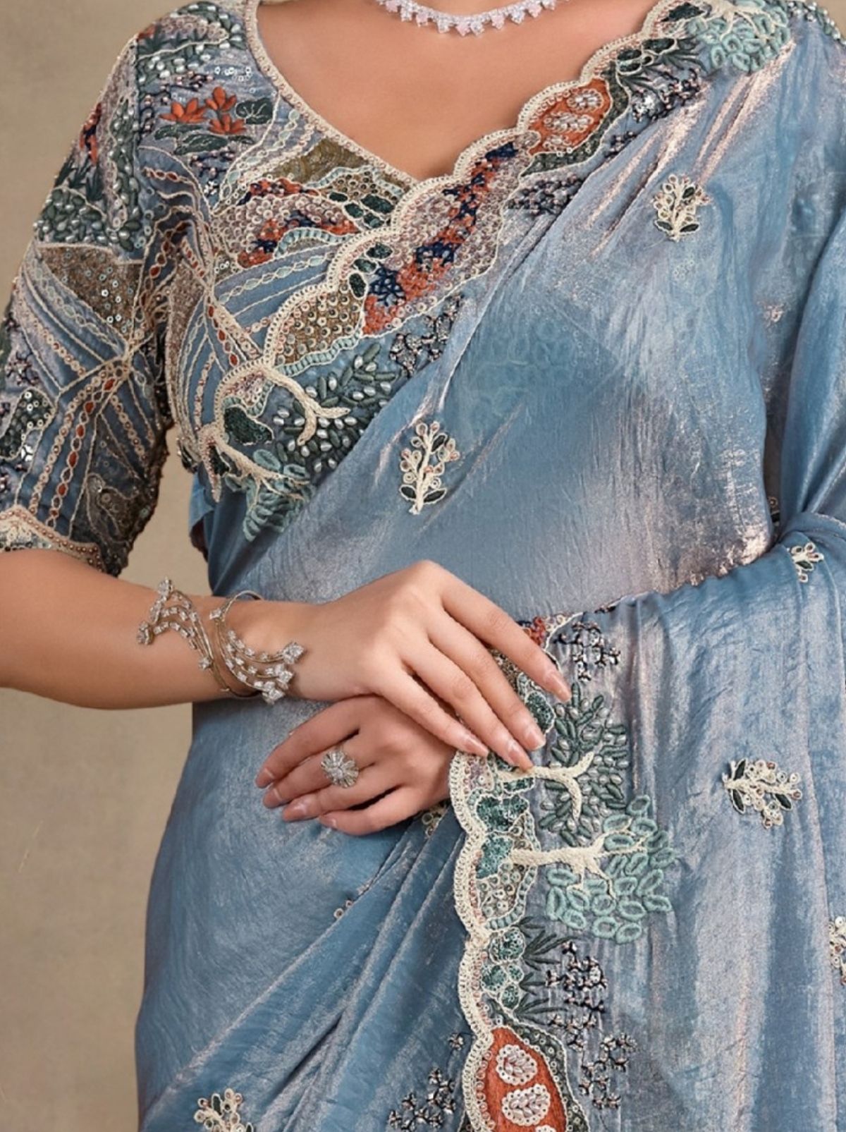 Steel Blue Premium Satin Silk Wedding Saree With Blouse Piece