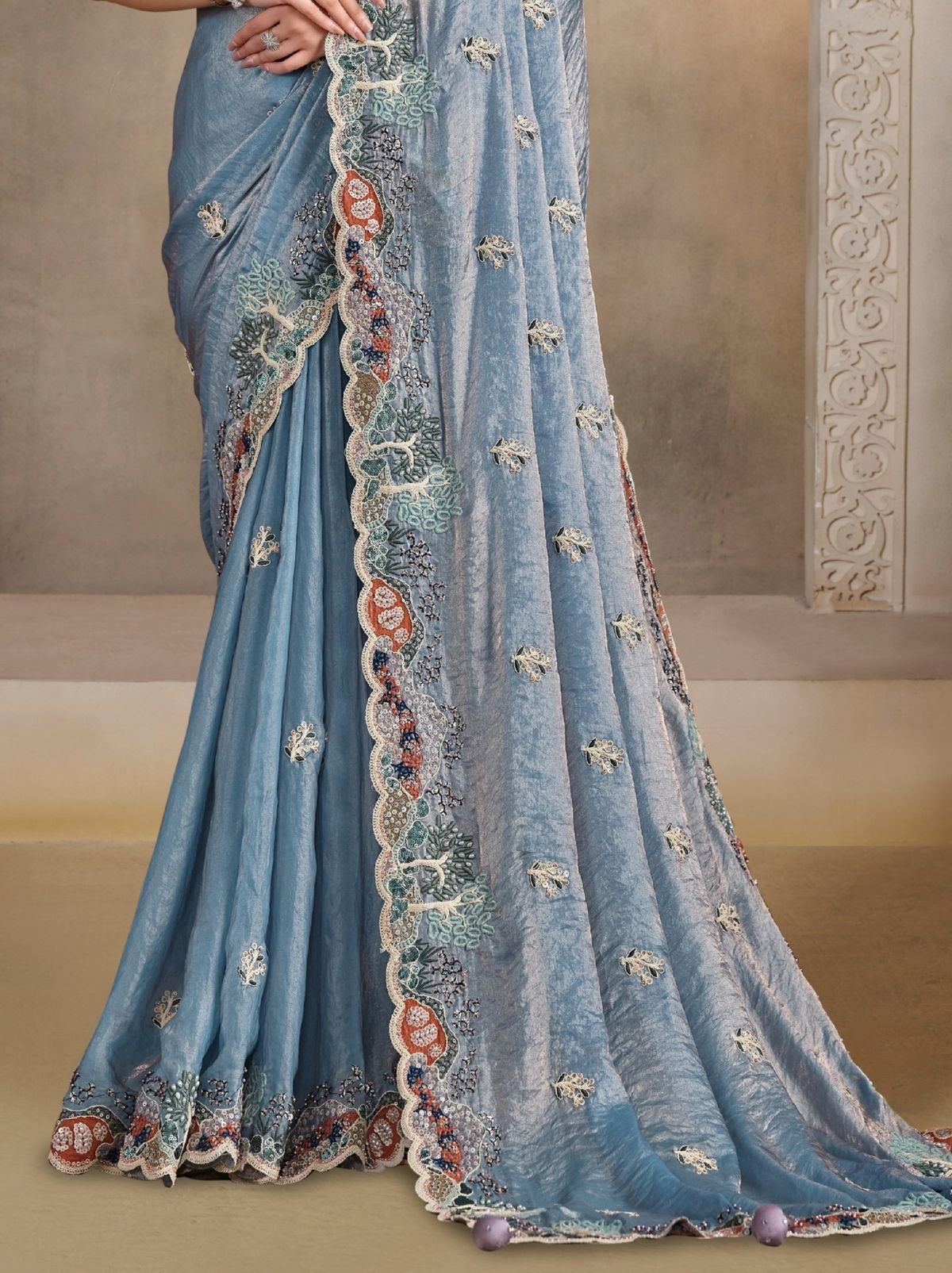Steel Blue Premium Satin Silk Wedding Saree With Blouse Piece