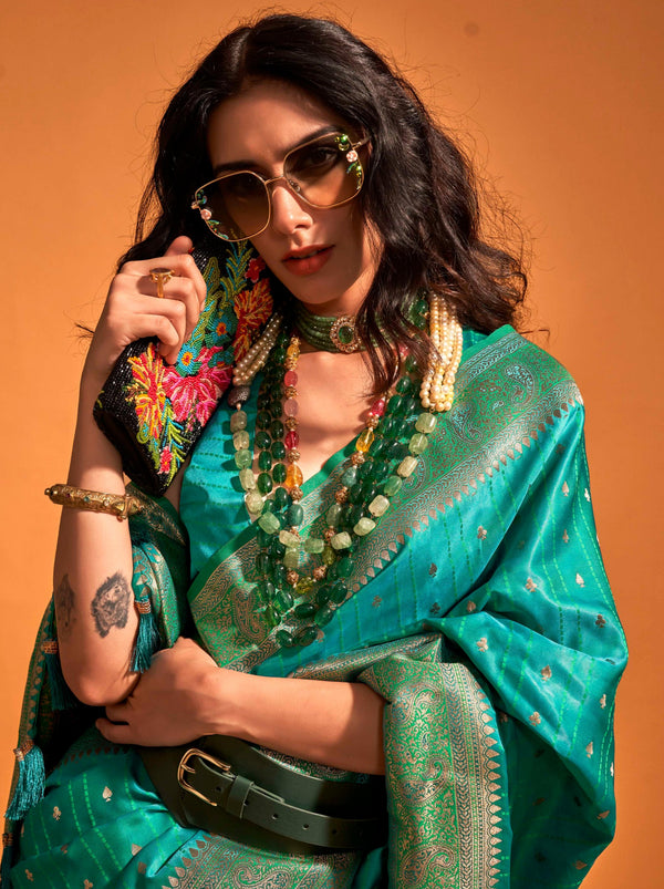 Teal Blue Traditional Soft Silk Saree With Blouse Piece