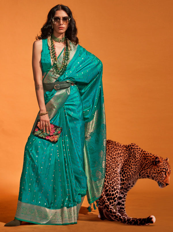 Teal Blue Traditional Soft Silk Saree With Blouse Piece