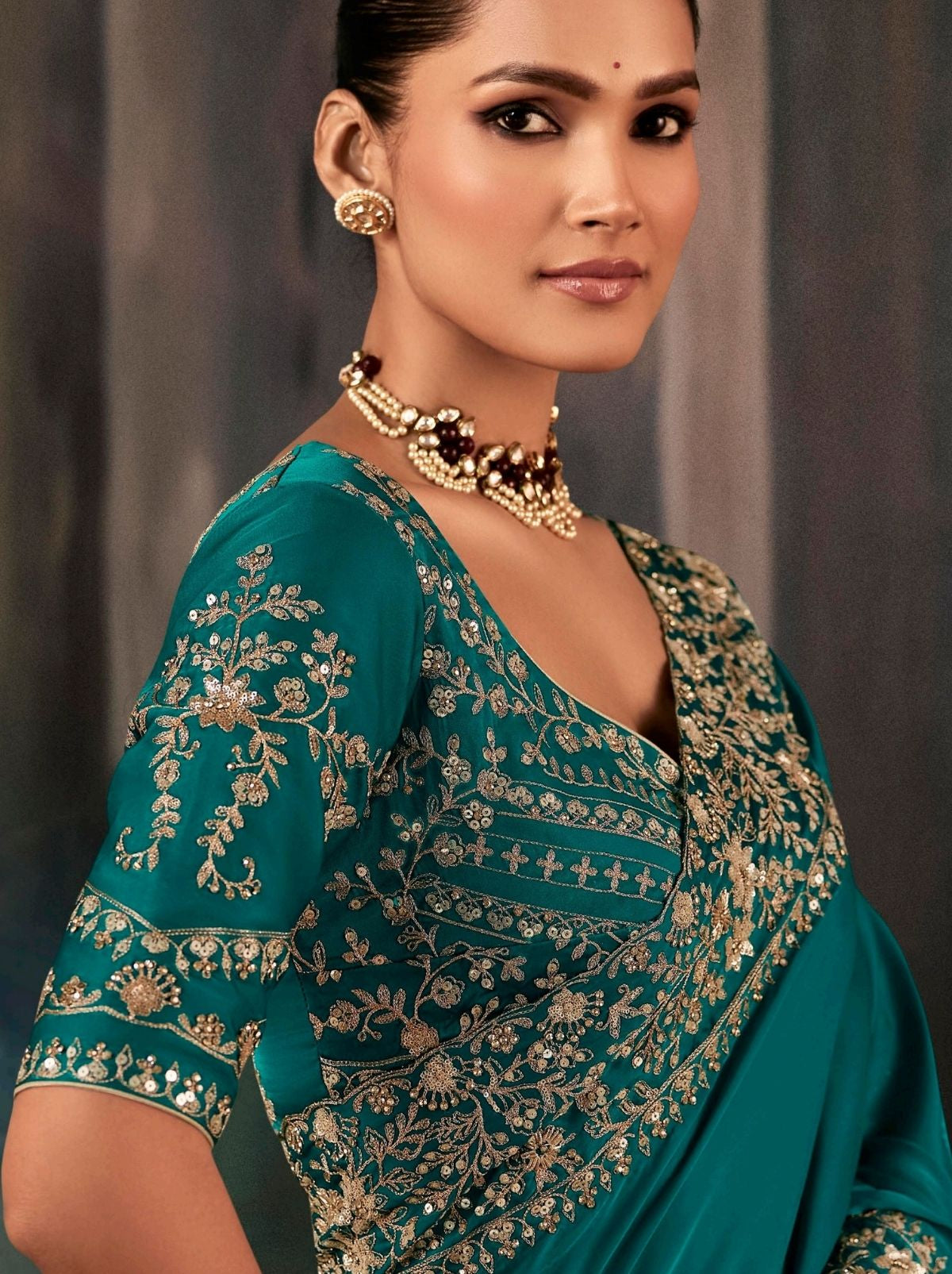 Teal Blue Premium Soft Satin Silk Saree With Sequin Work