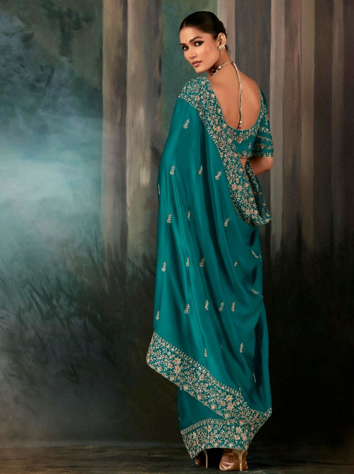 Teal Blue Premium Soft Satin Silk Saree With Sequin Work