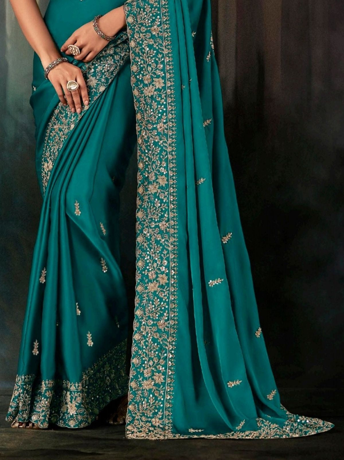 Teal Blue Premium Soft Satin Silk Saree With Sequin Work