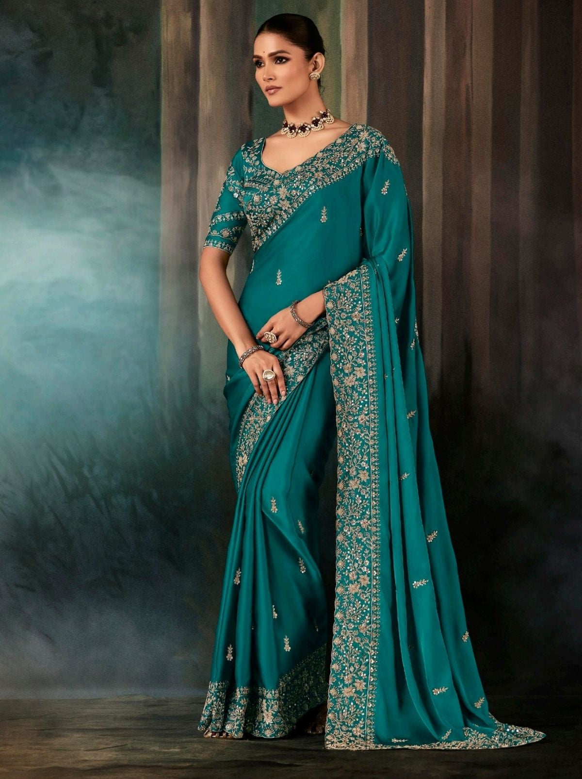 Teal Blue Premium Soft Satin Silk Saree With Sequin Work